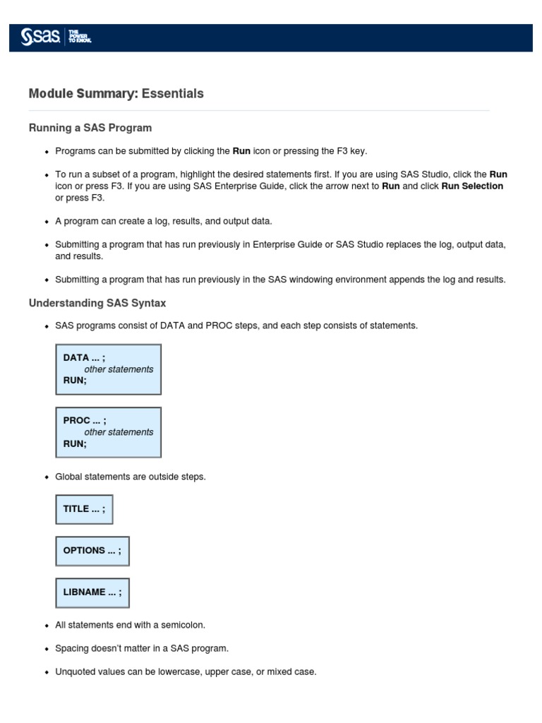 Module Summary: Essentials: Running A SAS Program | PDF