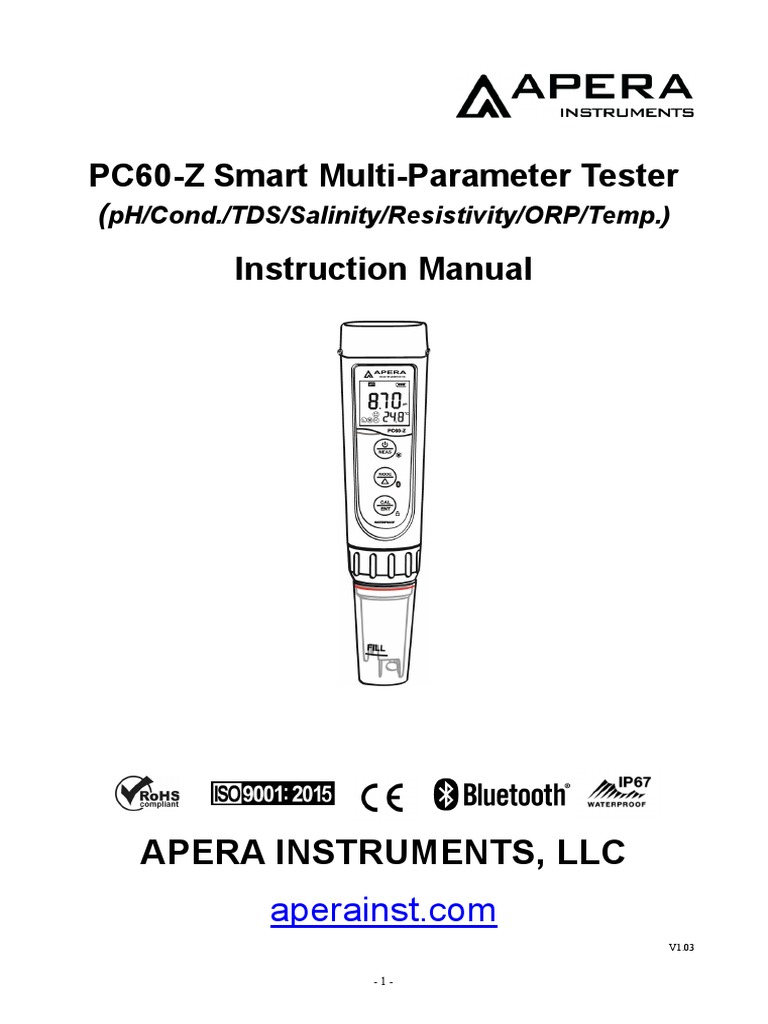 APERA PC60Z Tester Manual v1.1 PDF Ph Purified Water