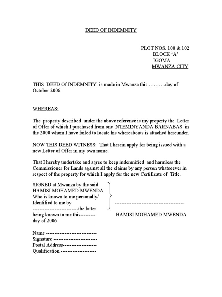 Deed of Indemnity PDF