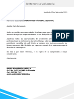 Carta de renuncia voluntaria de auxiliar de enfermería