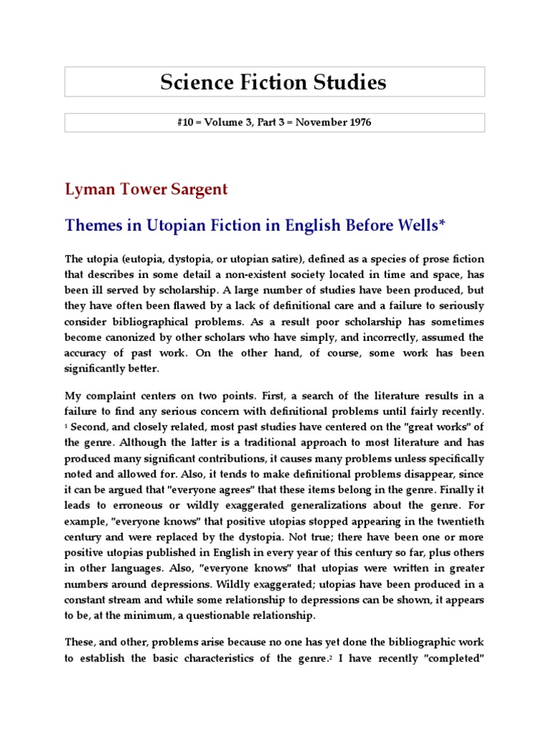 Science Fiction Studies Lyman Tower Sargent PDF Utopian And Dystopian Fiction Utopia