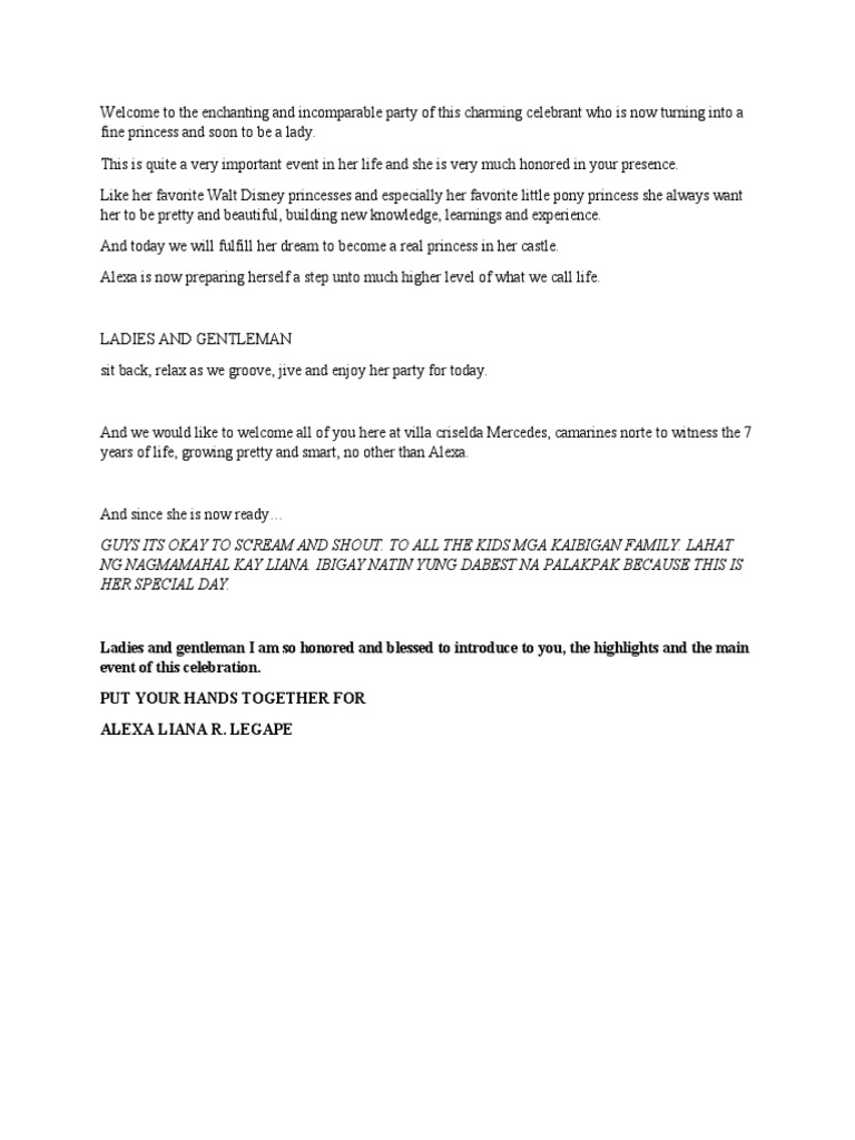 7TH Birthday Script | PDF | Cooking, Food & Wine