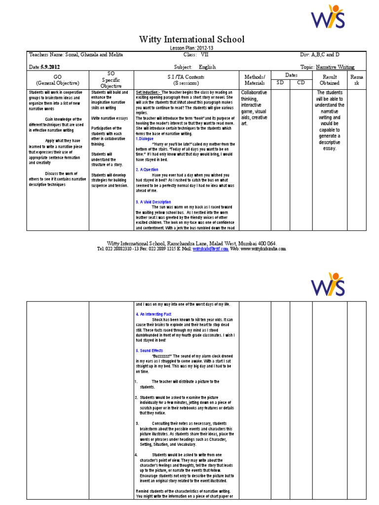 Narrative Writing Lesson Plan for Class 7 | PDF | Narrative | Essays