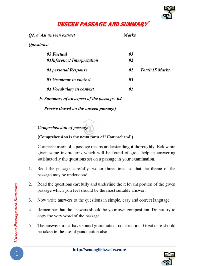 Unseen Passage Summary Techniques | PDF | Reading Comprehension | Question