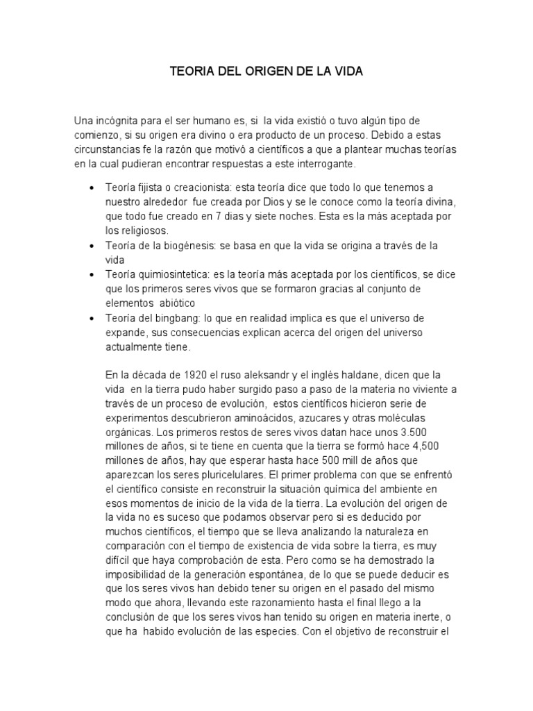 Teorías sobre el origen de la vida | PDF | Abiogénesis | Vida