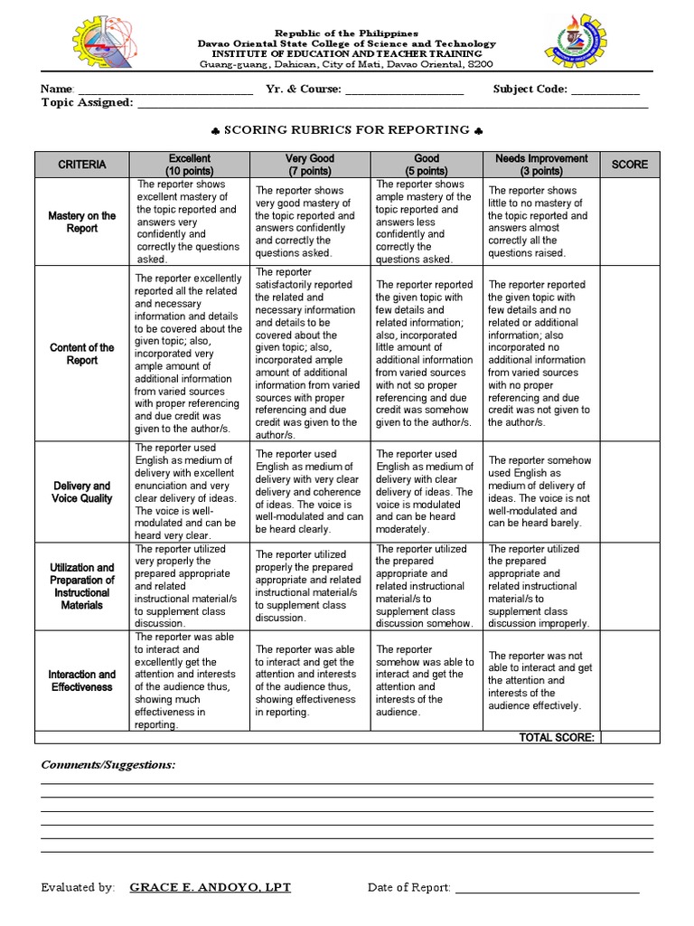 Reporting Rubric for Student Evaluation | PDF | Rubric (Academic ...