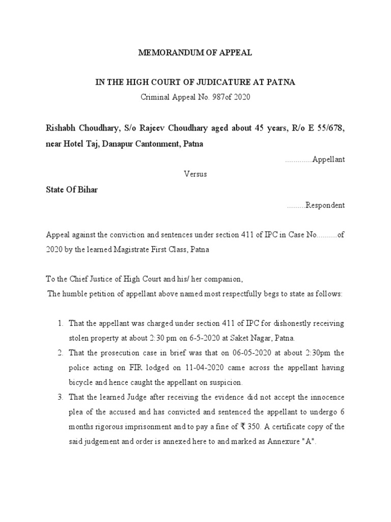 Memorandum of Appeal PDF Magistrate Judgment (Law)