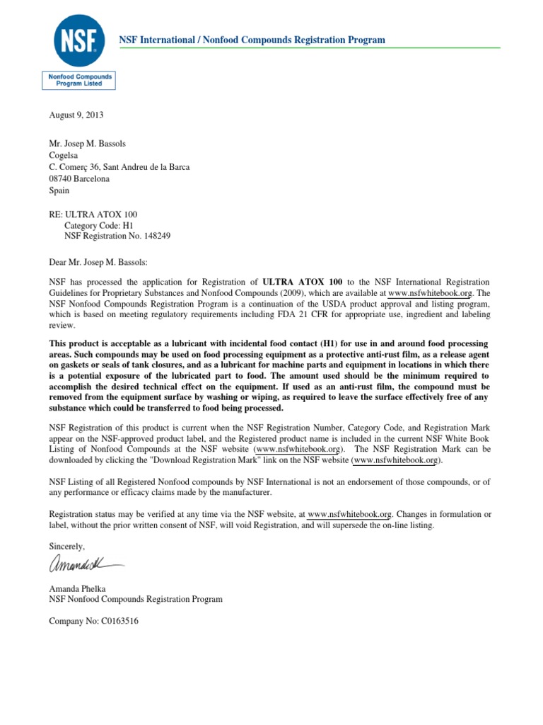 ULTRA ATOX 100 NSF Registration Update | PDF