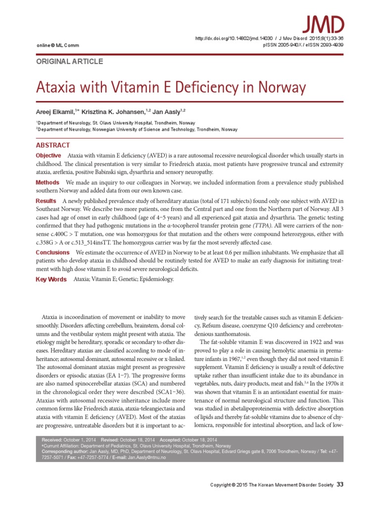 Ataxia With Vitamin E Deficiency in Norway: Original Article | PDF ...