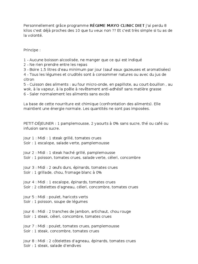 Clinique Mayo Régime Mayo Menu 14 Jours Pdf Regime | PDF | Légumes | Comportement nutritionnel des humains