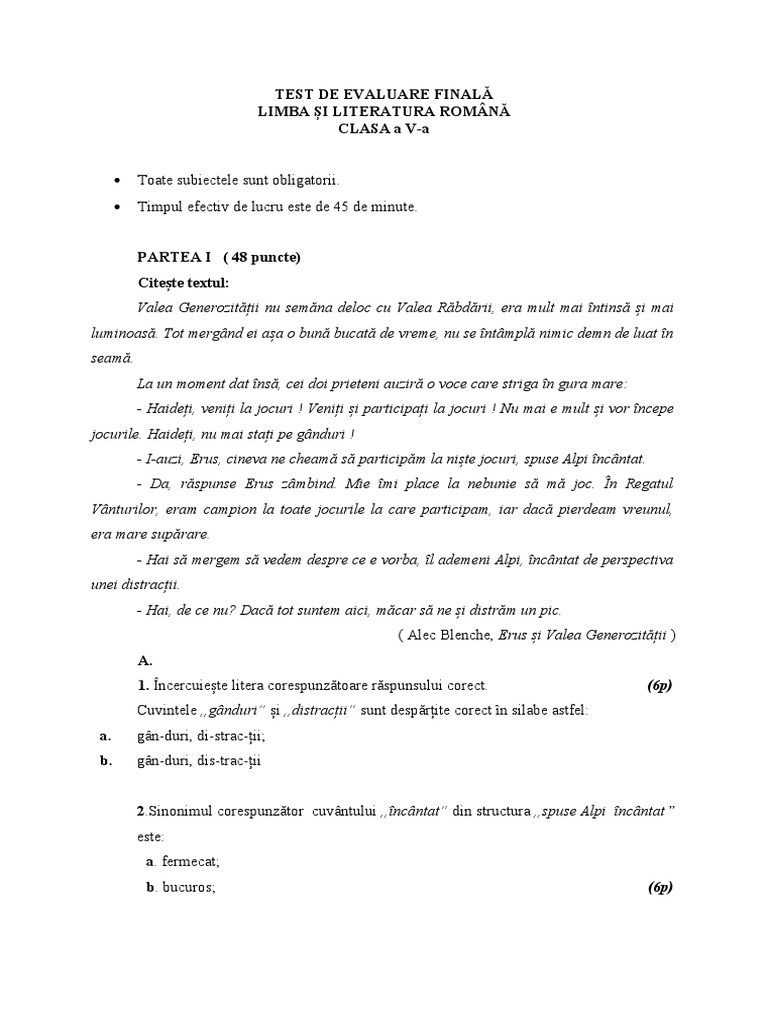 Test de Evaluare Finala Clasa A Va. | PDF