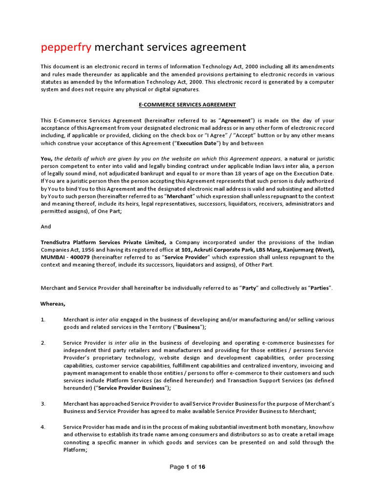 Pepperfry: Merchant Services Agreement | PDF | Indemnity | Breach Of ...
