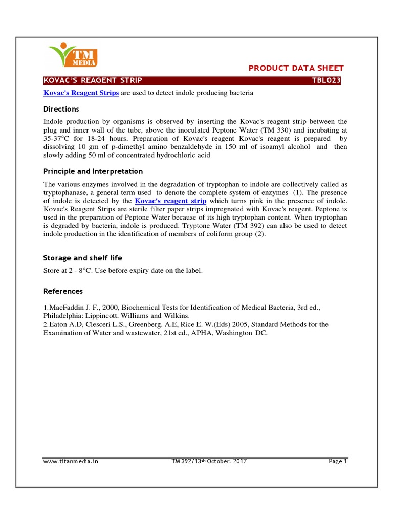 Kovac's Reagent Strips (25 Strips / VL) TM Media | PDF