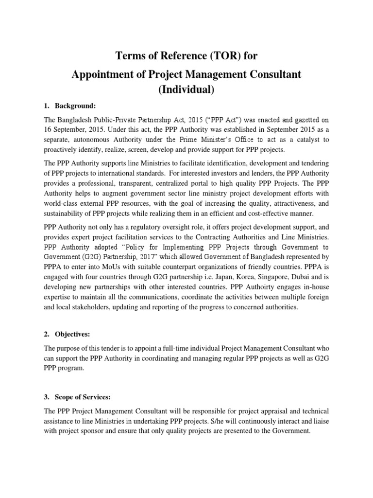 Project Management Consultant TOR | PDF | Public–Private Partnership ...