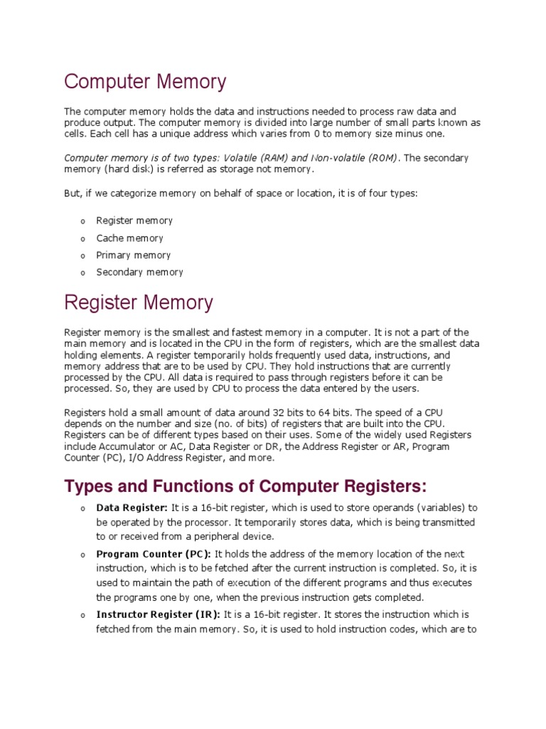 Computer Memory: Types and Functions of Computer Registers | PDF | Cpu ...