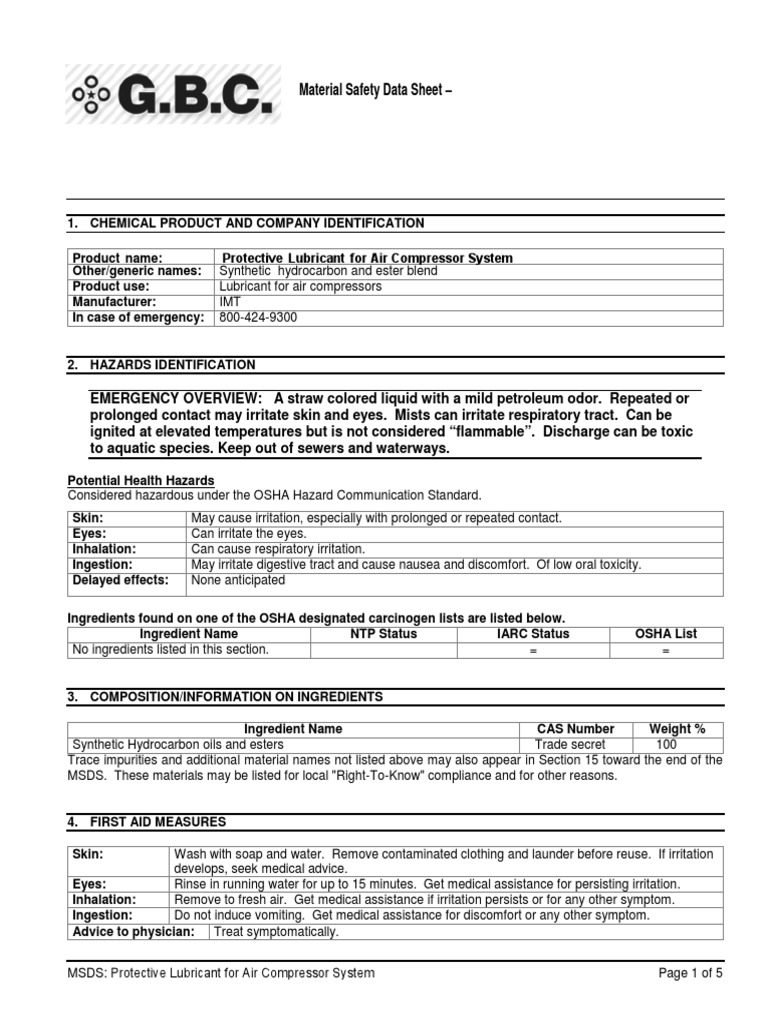 Protective Lubricant For Air Compressor System MSDS PDF PDF Toxicity Firefighting