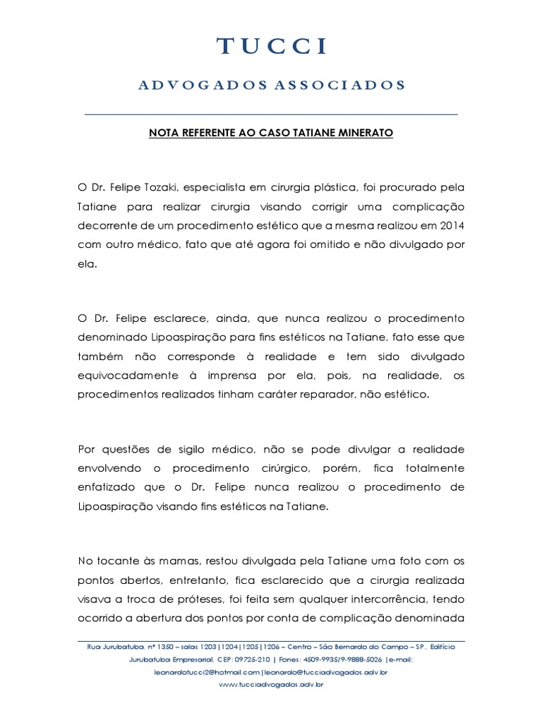 Nota Dr. Felipe Tozaki, médico que operou Tati Minerato | Erro Médico |  Cirurgia Plástica