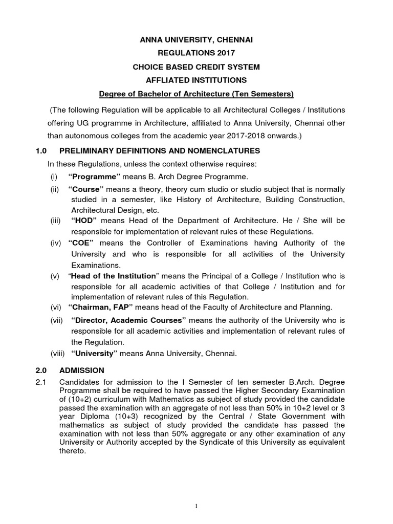 B.Arch Regulations 2017 Overview | PDF | Thesis | Course Credit