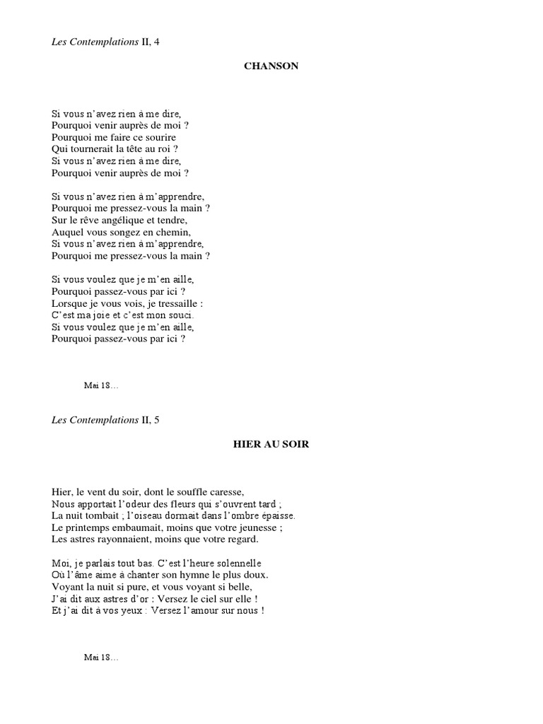 Hier Au Soir Victor Hugo Analyse Textes Hugo 1 Chanson Et Hier Au Soir | PDF