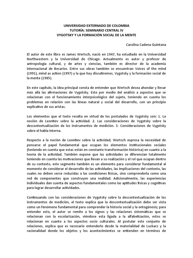 Vygotsky y la Formación Social de la Mente | PDF | Autor | Teorías ...