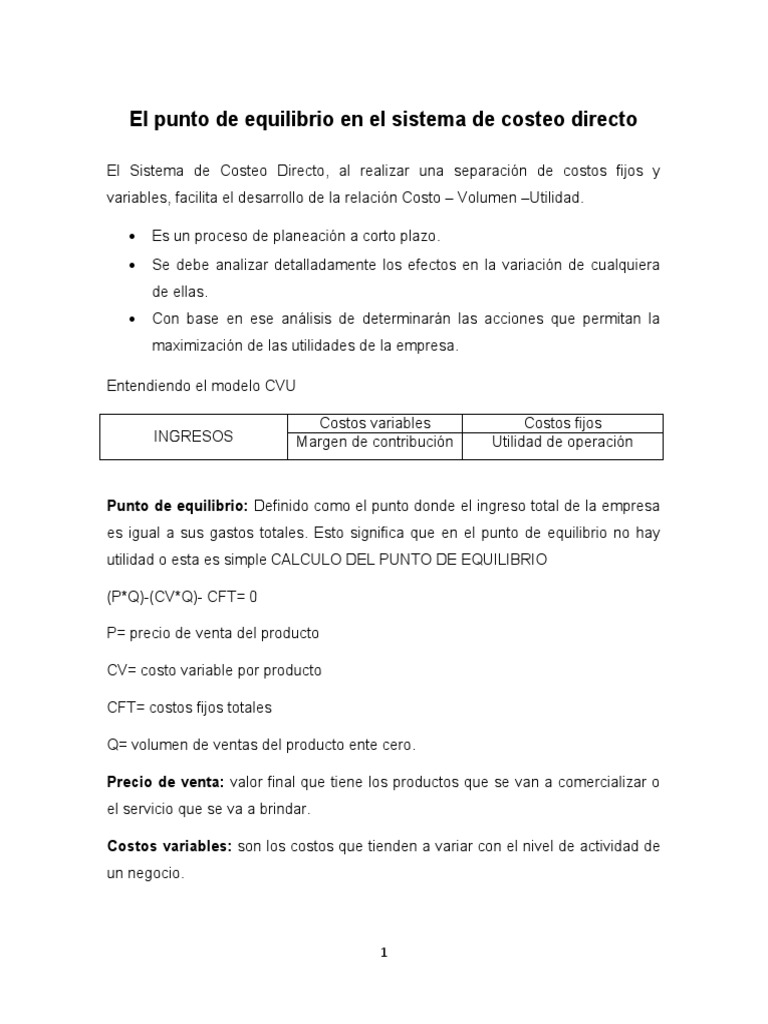 Punto de Equilibrio en Costeo Directo | PDF | Margen bruto | Beneficio ...