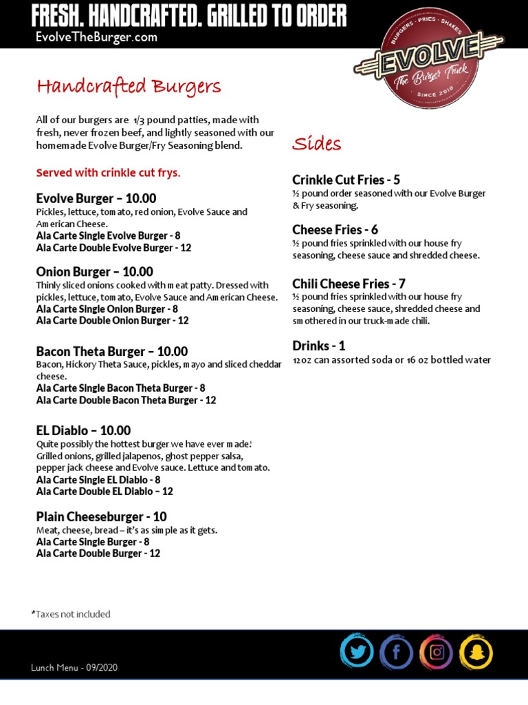Evolve Burger Truck Menu 09/2020 | PDF | Cooking, Food & Wine | Wellness
