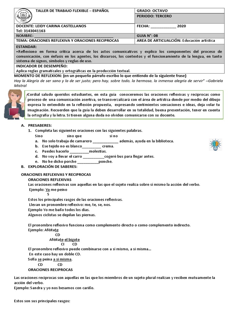 Taller de Español: Oraciones Reflexivas y Recíprocas | PDF | Verbo ...
