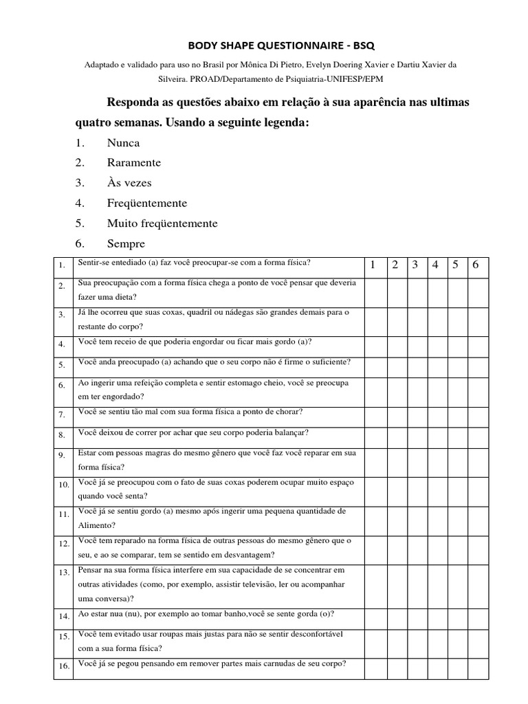 Questionário de Forma Corporal - BSQ | PDF | Alimentos