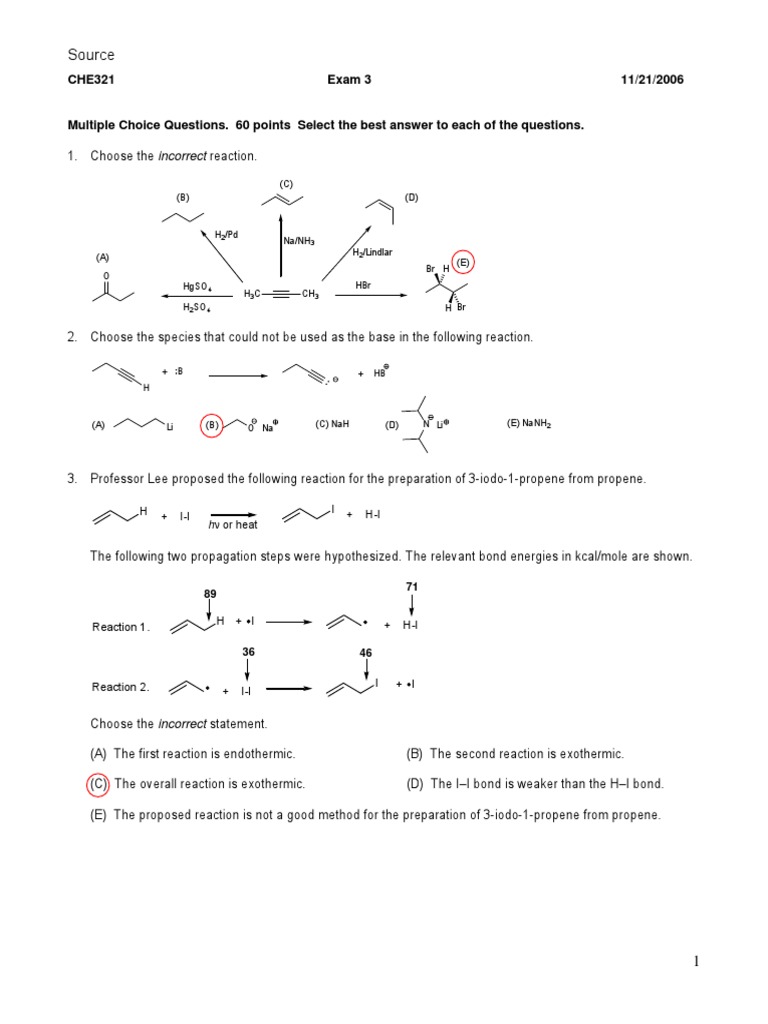 CHE321 Exam 3: Organic Chemistry Questions | PDF | Chemical Reactions ...