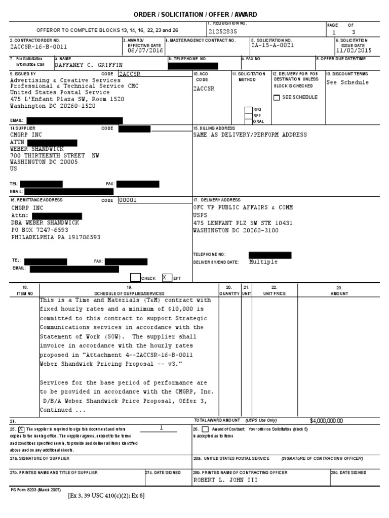USPS Contract Redacted | PDF | United States Postal Service | Internal ...