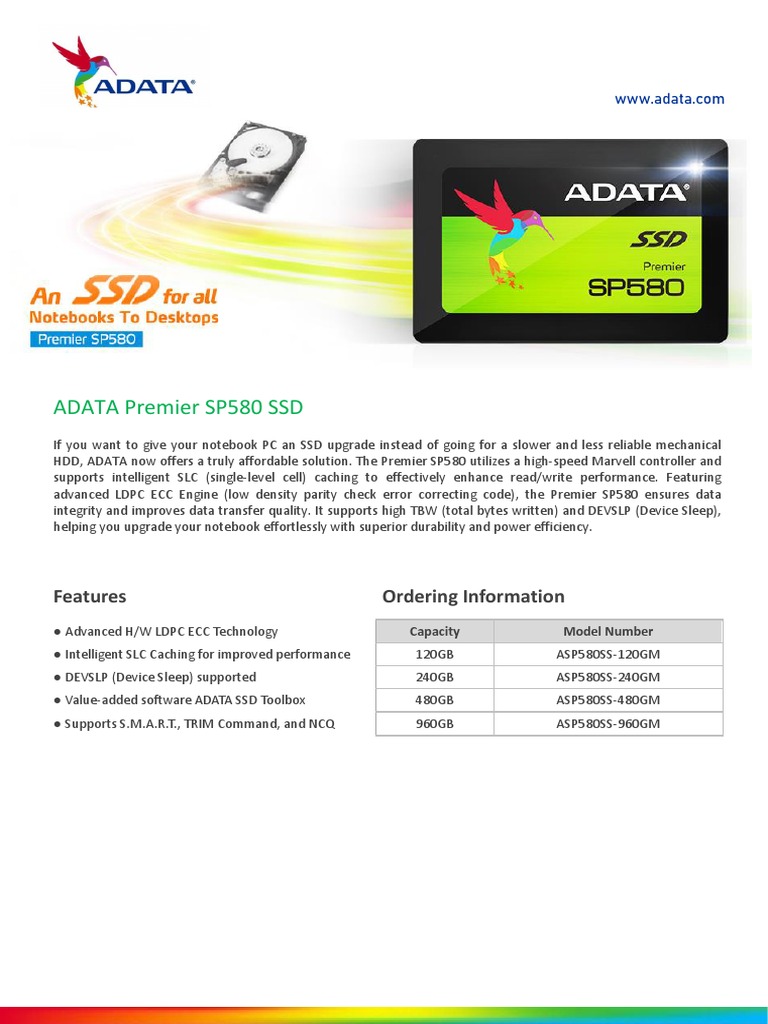 ADATA Premier SP580 SSD: Features Ordering Information | PDF | Solid ...