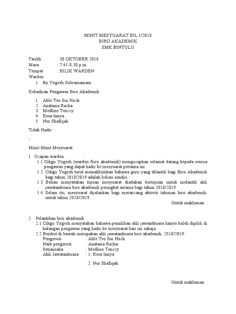 Minit Mesyuarat Asrama Biro Akademik2 Pdf