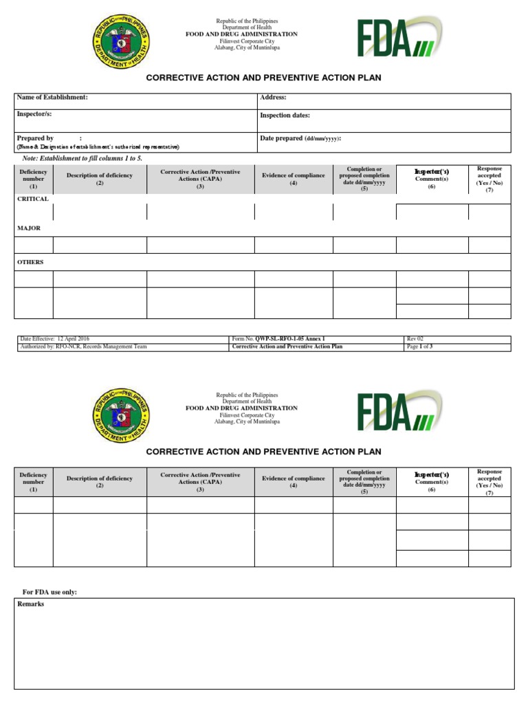 FDA CAPA Plan Template | PDF | Food And Drug Administration | Public Health