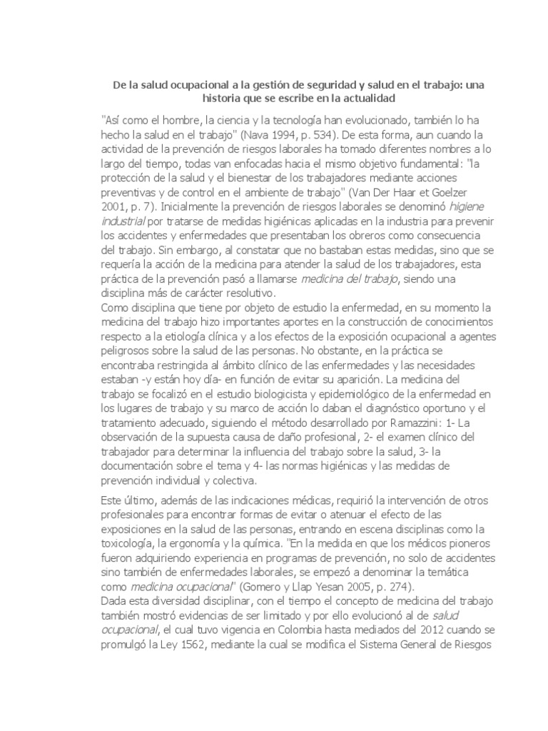 De La Salud Ocupacional A La Gestión de Seguridad y Salud en El Trabajo ...
