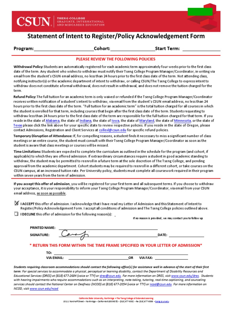 Statement of Intent To Register/Policy Acknowledgement Form: Program ...