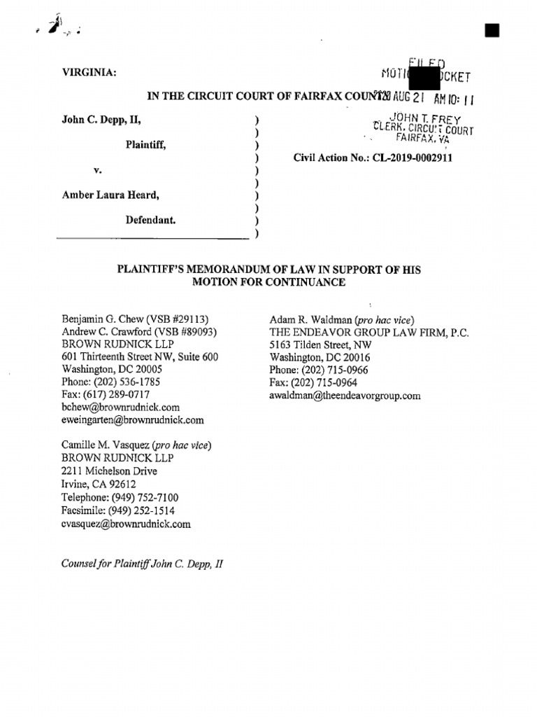 Depp Motion For Continuance PDF