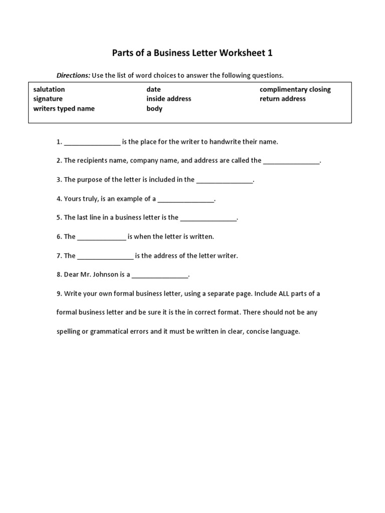 Parts of A Business Letter Worksheet 1: Directions: Use The List of ...