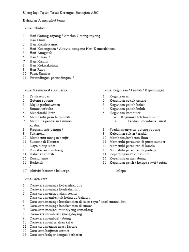 Ulang Kaji Tajuk Tajuk Karangan Abc 2018 Pdf