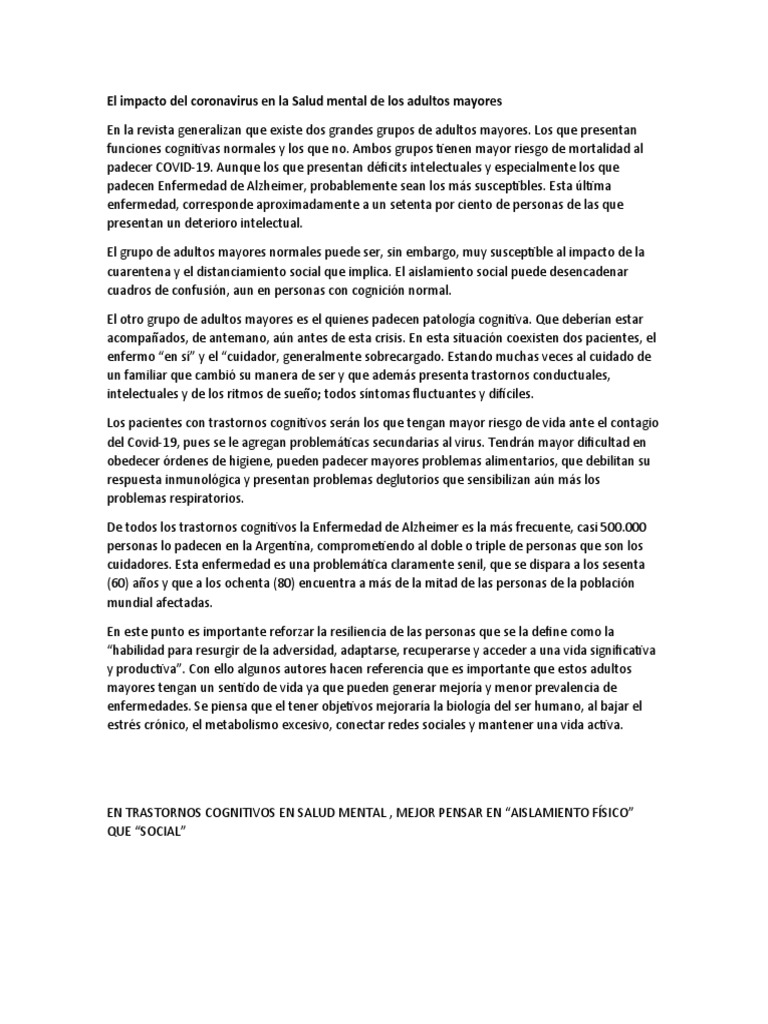 El Impacto Del Coronavirus en La Salud Mental de Los Adultos Mayores ...