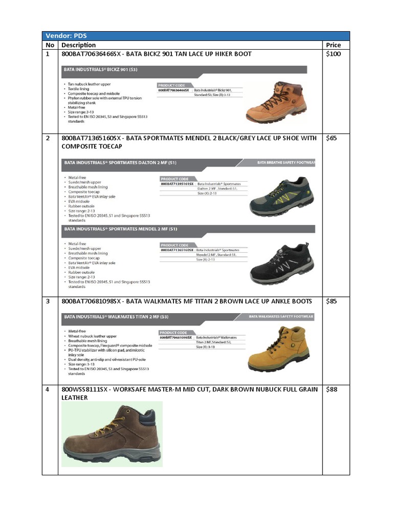 Bata, LSH, and Safi Safety Shoe Price List | PDF