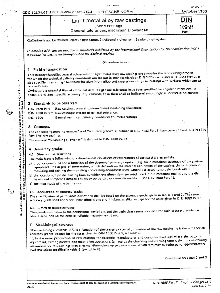 DIN 1688 (Light Metal Alloy Casting Tolerances) PDF