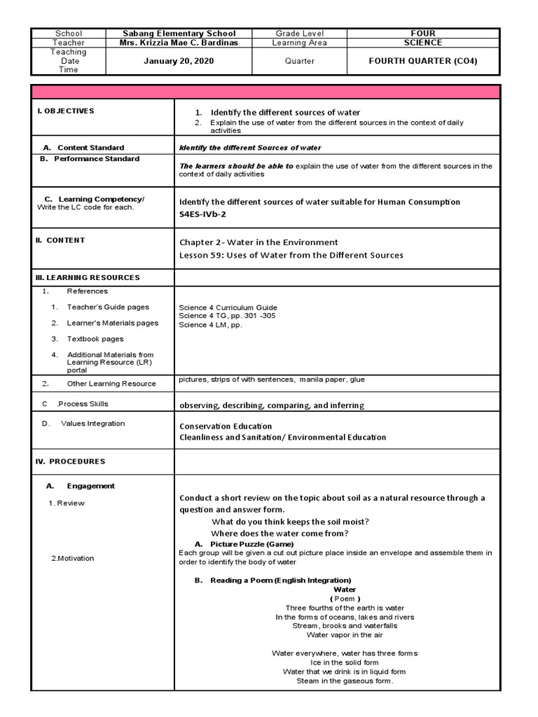 Grade 4 Water Sources Lesson Plan | PDF | Fresh Water | Water
