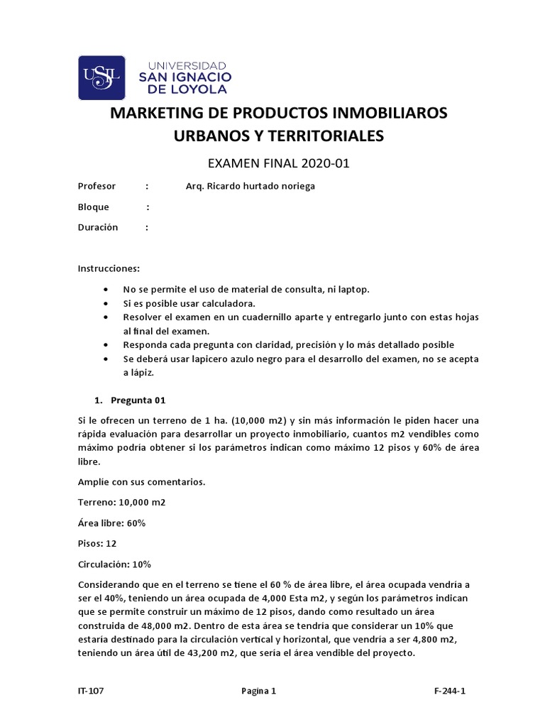 Examen Final de Marketing Inmobiliario 2020 | PDF | Producto (Negocio ...