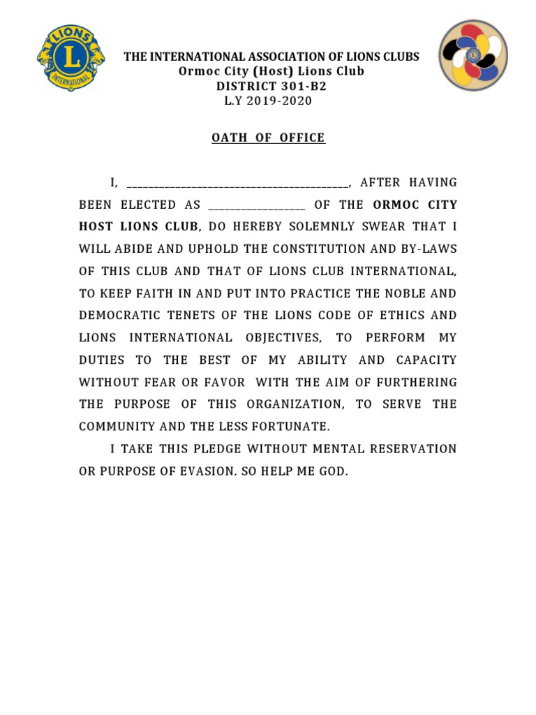 Lions Club Oath of Office 2019-2020 | PDF