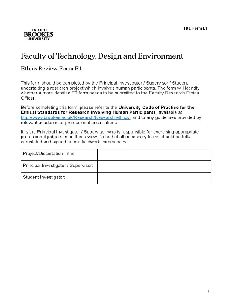 Ethics Review Form E1 for Research | PDF | Informed Consent | Cognition