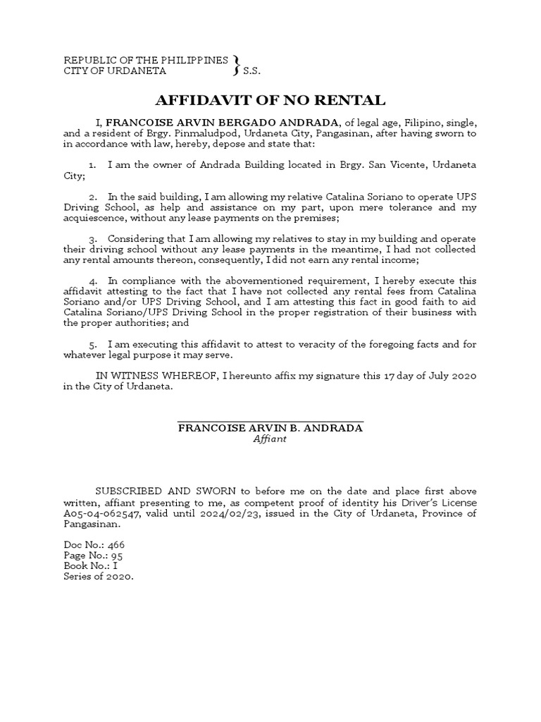 Affidavit of No Rental for UPS School | PDF | Finance & Money ...