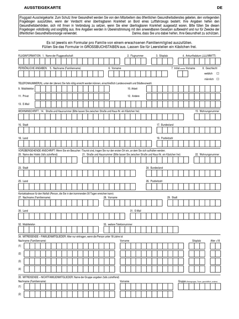 Public Health Passenger Locator Form - Ger | PDF