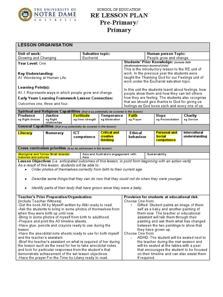 Re Lesson Plan Pre-Primary/ Primary | PDF | Career & Growth | Wellness