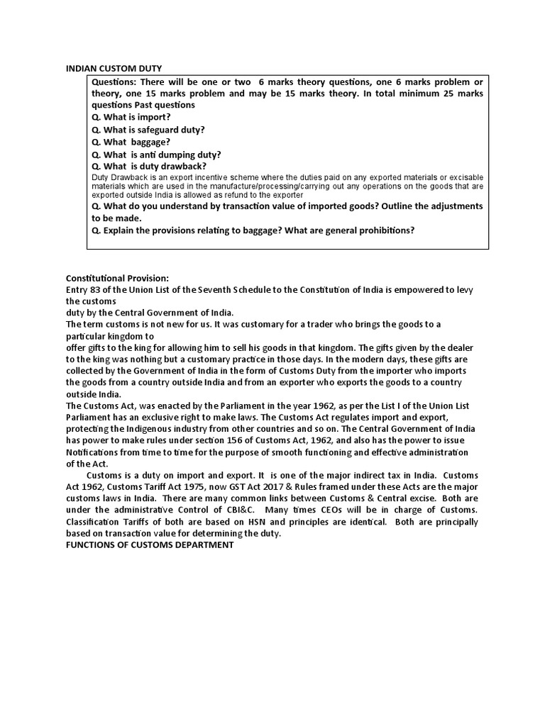 Indian customs duty questions and types | PDF | Dumping (Pricing Policy ...
