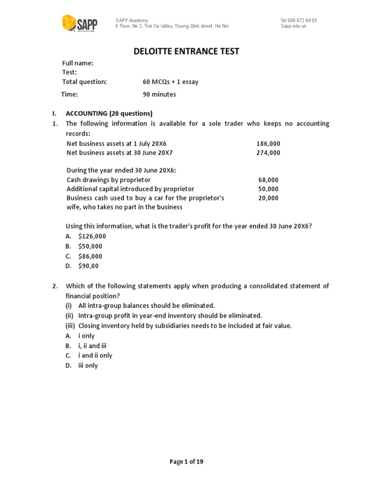 Deloitte Entrance Test: I. ACCOUNTING (20 Questions) | PDF | Audit ...
